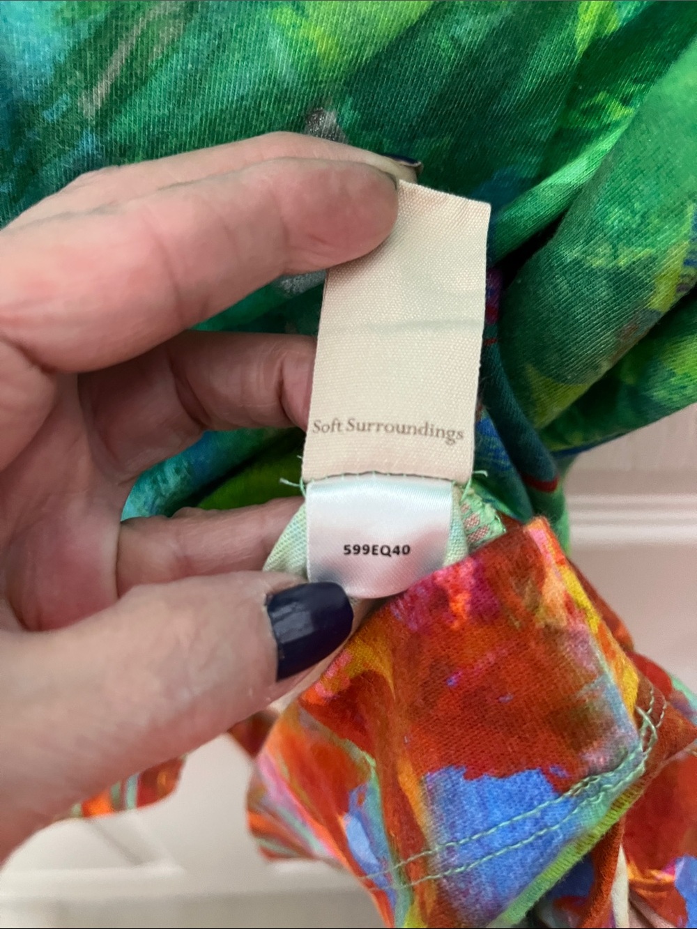 Soft Surroundings Blu Green Red Orange Splash of Metallic Silver Print Top - Picture 4 of 5